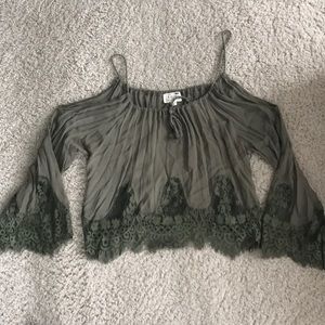 Green lace crop top with open shoulders